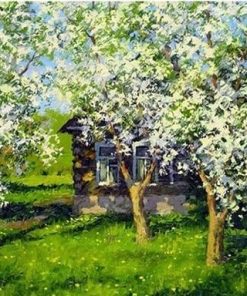 Wood House and Blossom Trees Landscape Paint By Numbers