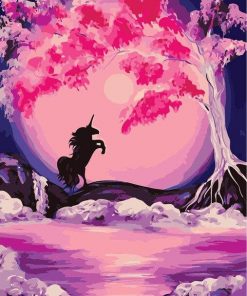Tree And Unicorn on Pink Night Landscape Paint By Numbers