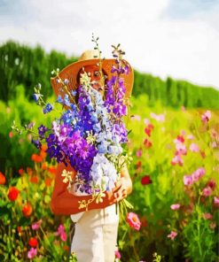 Girl Holding Larkspur Flowers paint by number