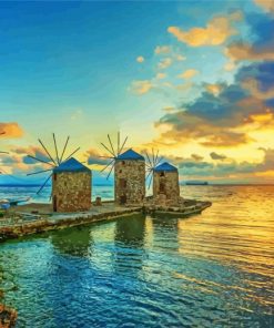 Sunset At Greece Chios Windmills paint by numbers