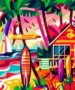 Aesthetic Beach Hut And Surfboard paint by number