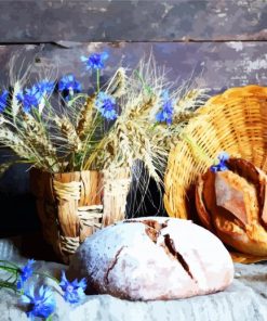 Blue Flowers And Bread Still Life paint by numbers