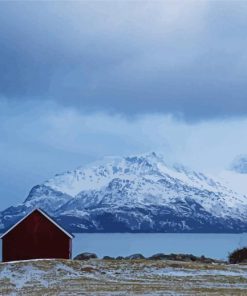 A Norwegian Cabin And Snowy Mountains paint by numbers