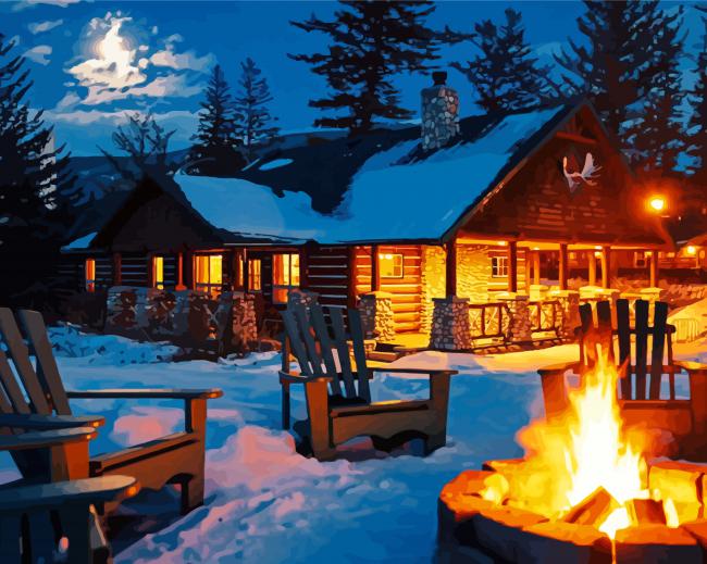 Fire Near Winter Cabin paint by numbers