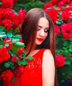 Woman With Red Dress And Red Flowers paint by numbers