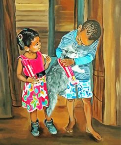 African Children With Cat paint by number