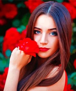 Gorgeous Woman With Red Flower paint by numbers