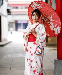 Japanese Lady With Umbrella And Kimono paint by numbers