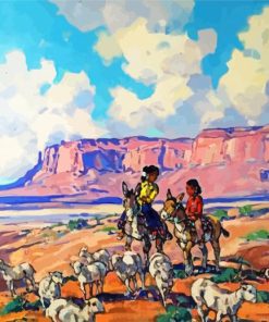 Navajo Girls On Donkeys Herding Sheep paint by numbers