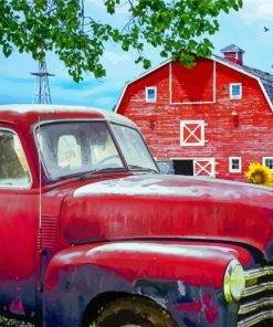 Red Barn And Truck Sunflowers paint by numbers