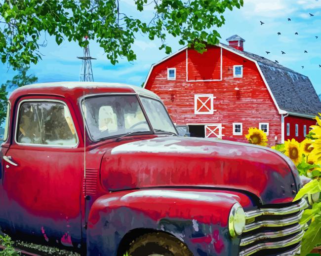 Red Barn And Truck Sunflowers paint by numbers