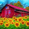 Red Barn And Yellow Sunflowers paint by numbers