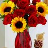 Roses And Sunflowers In Red Vase paint by numbers