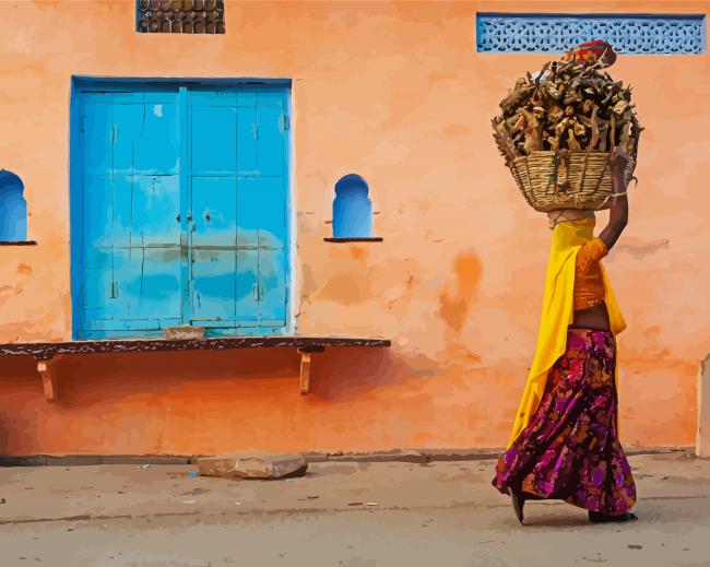 Woman Carrying Basket Of Wood paint by numbers