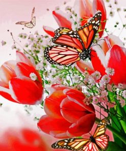 Butterfly On Red Tulips paint by number