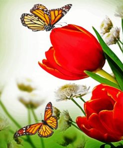 Aesthetic Butterflies With Red Tulips paint by number