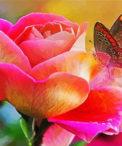 Butterfly On Pink Rose paint by number