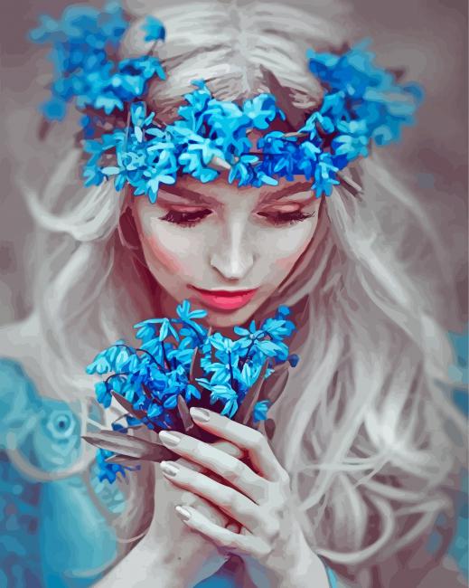 Woman With Blue Blossoms paint by number