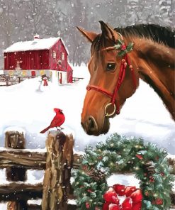 Christmas Barn And Horses Art paint by numbers