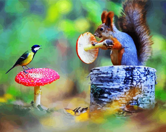 Cute Tit Bird And Squirrel paint by number