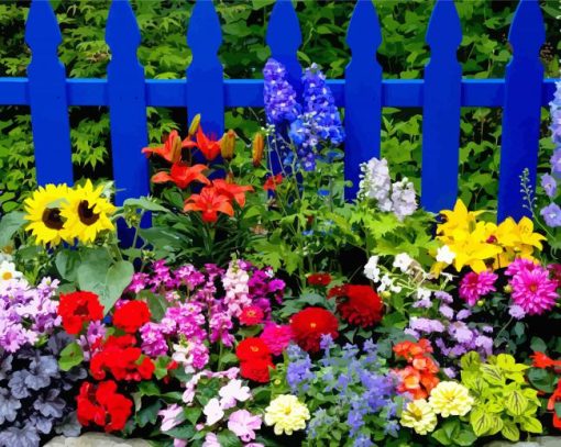 Blue Fence And Colorful Flowers paint by number