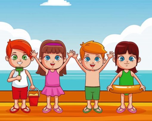 Cute Kids At Beach Cartoon paint by number