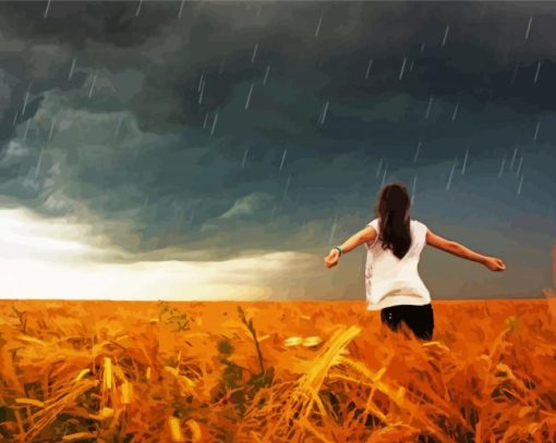 Girl In Field Under Grey Sky Diamond Painting