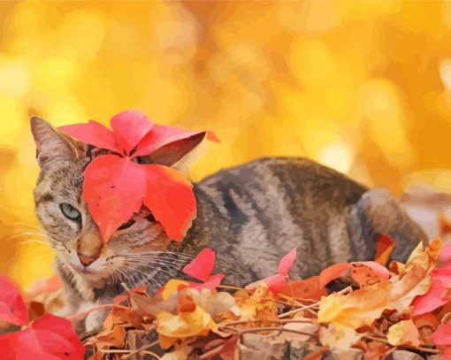 Cat And Red Leaves paint by number