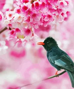 Black Bird In Pink Flowers paint by number