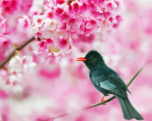 Black Bird In Pink Flowers paint by number