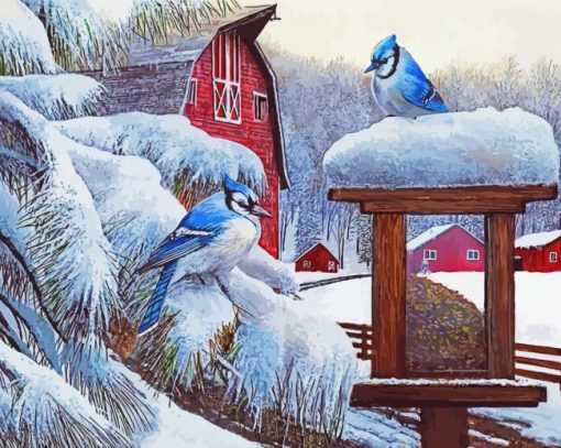 Blue Jay Birds In Winter paint by number