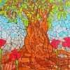 Stained Glass Tree With Red Poppies paint by number