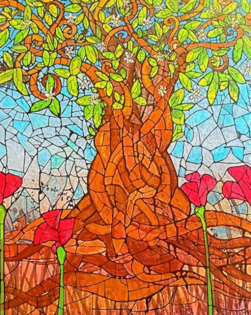 Stained Glass Tree With Red Poppies paint by number