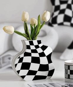 Checkered Vase And White Tulips paint by number