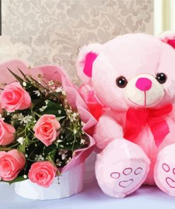 Pink Teddy Bear With Flowers paint by number