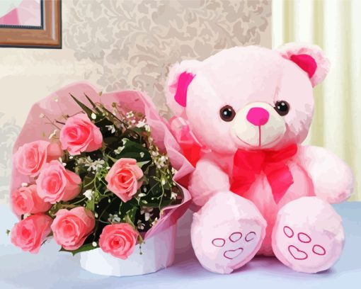 Pink Teddy Bear With Flowers paint by number