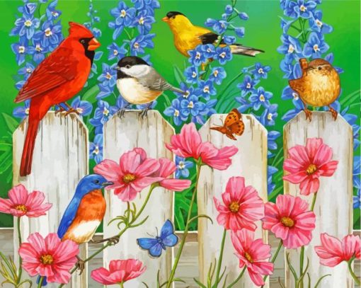 Birds On Wooden White Picket Fence paint by number