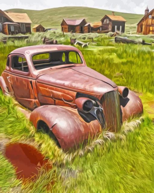 Rusty Old Cars In Farmyard Art paint by number