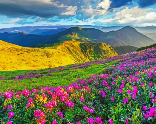 Flowers And Mountains Landscape paint by number