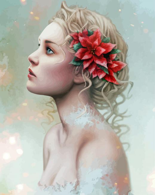 Gorgeous Girl With Poinsettia Flowers paint by number