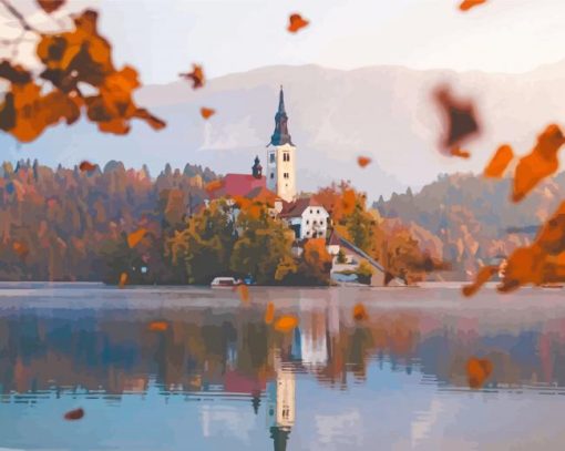 Church Fall Scene Lake Paint By Numbers