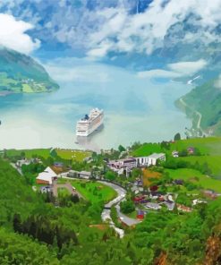 Cruise Ship Near Norwegian Village Paint By Numbers