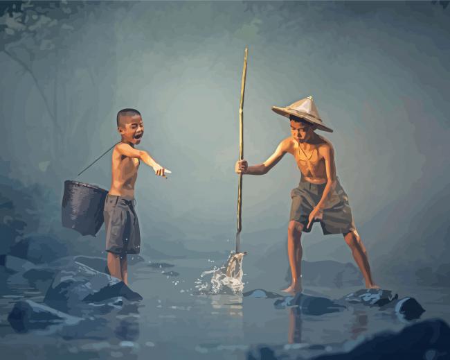 Two Boys Friends Fishing Paint By Numbers